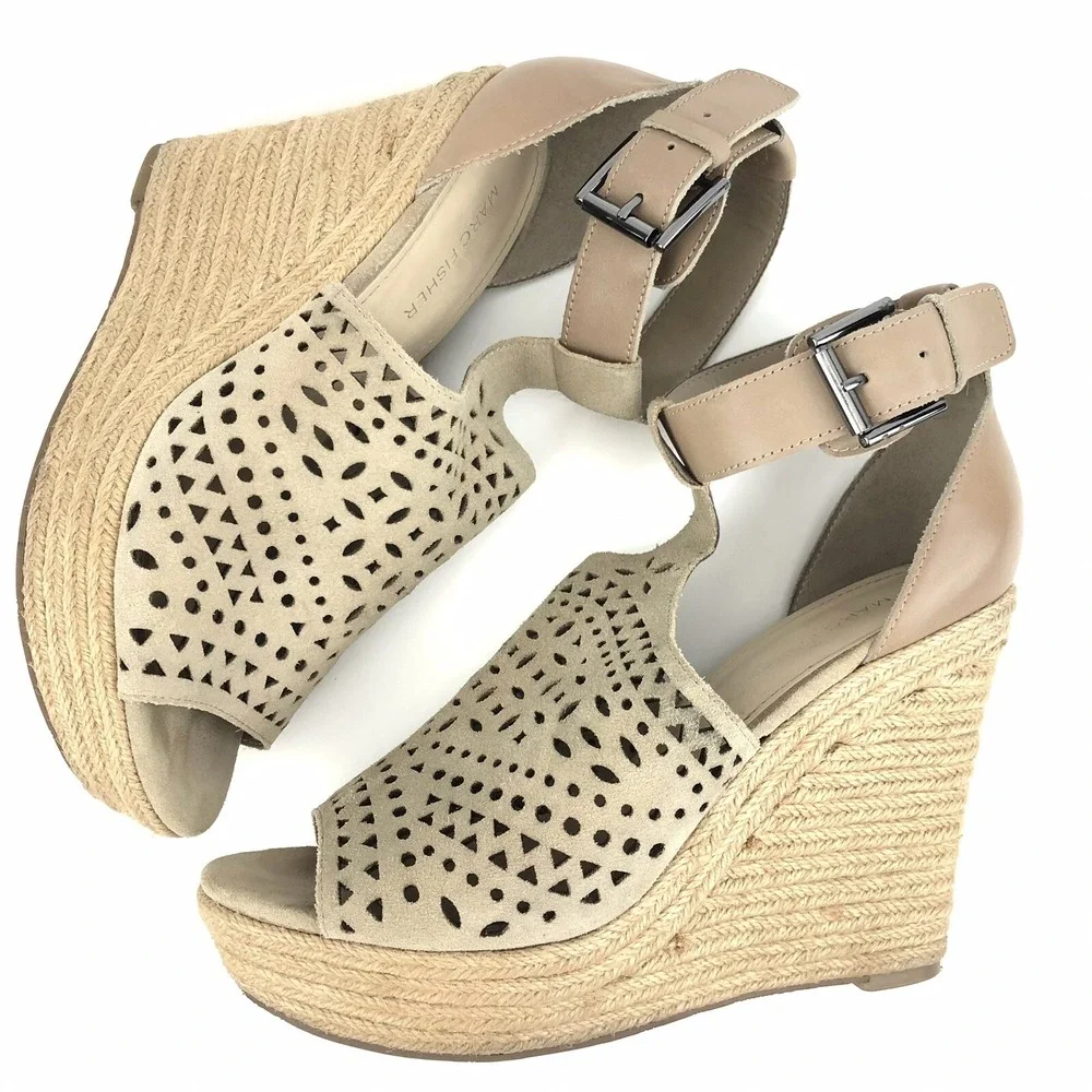Marc Fisher Hasina Women Wedge Sandals Size 10 Perforated Suede Ankle Strap Jute